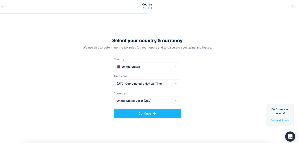 CoinLedger Account Select Country and Currency